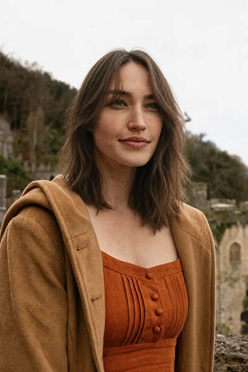 Long brown hair to a collarbone wolf cut restyled