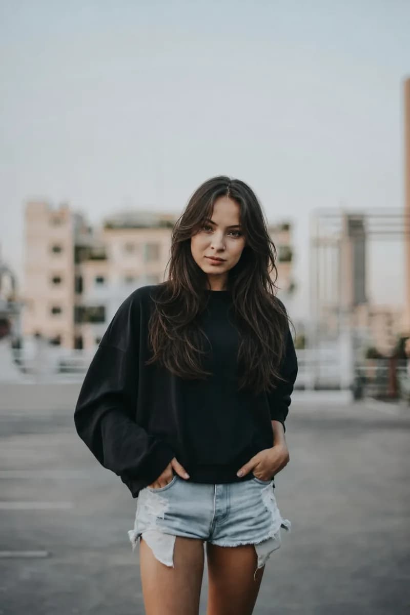 Tied-back ponytail to long layers with a curtain fringe restyled