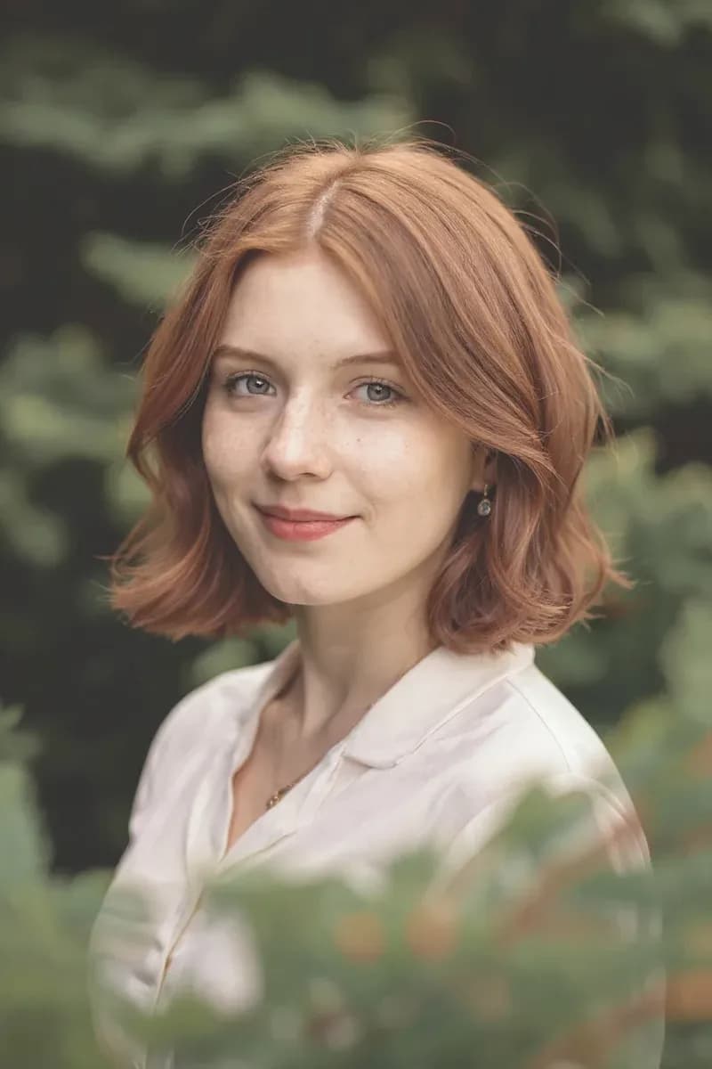 A jaw-length auburn bob, one of three cuts the AI proposed for this face.