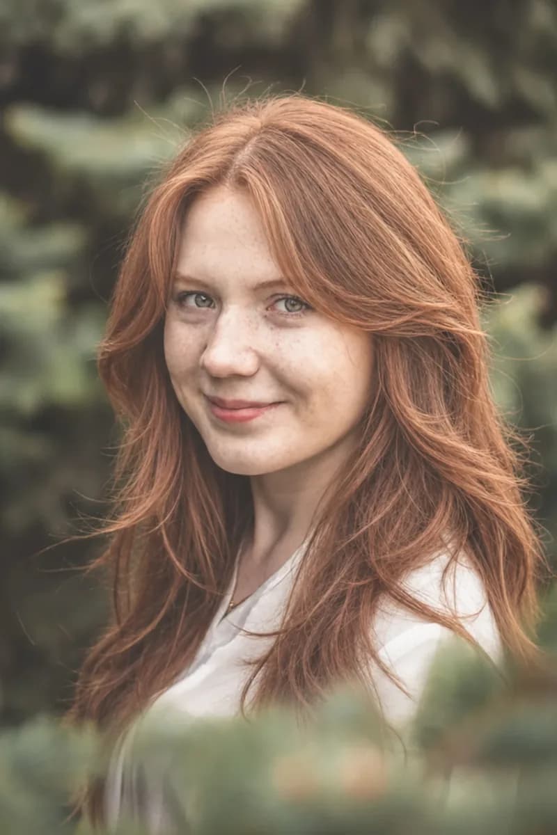 The same woman with long auburn layers and a center-parted curtain fringe.